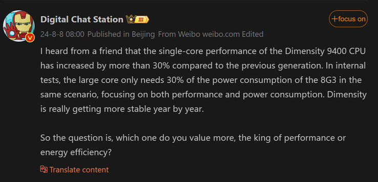 数字聊天站关于 Dimensity 9400 的最新报道（图片来源：微博 [机译]