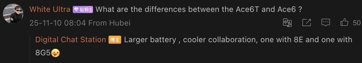 爆料者将普通版 OnePlus Ace 6 与所谓的 Ace 6T 进行了对比。(图片来源：微博--机译）
