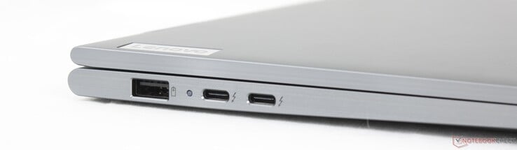左：USB-A 3.2 Gen 1（5 Gbit/s，始终开启），2x USB-C 4.0（带 Thunderbolt 4，40 Gbit/s），DisplayPort 2.1，Power Delivery 3.0