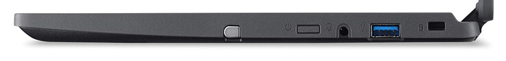 右侧：输入笔、电源按钮、音频组合端口、USB 3.2 Gen 1（A型）、电缆锁插槽