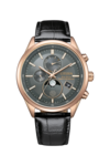 Citizen BY1033-01H Eco-Drive 月相腕表,配有炭灰色表盘、玫瑰金调不锈钢表壳、黑色皮革表带、指针式月相显示、双副表盘及日期窗口。