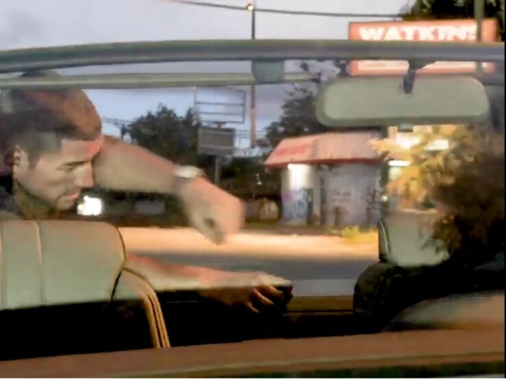 在第二段《GTA 6》预告片的截图中，背景中的路灯似乎漂浮在空中。 