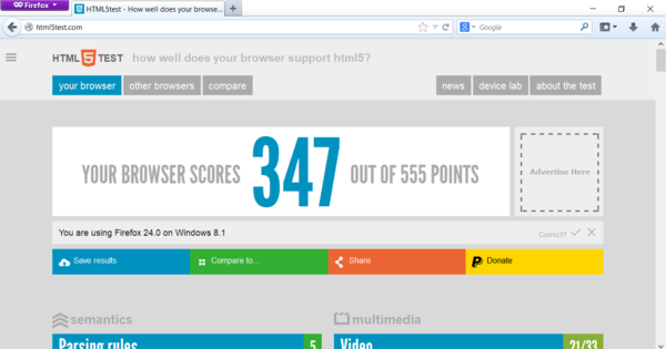 在Windows 10上通过Firefox 24访问html5test.com（图片来源：屏幕截图）。