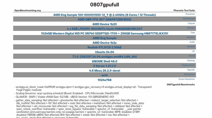 OpenBenchmarking 上列出的 AMD Gainsborough 测试系统规格