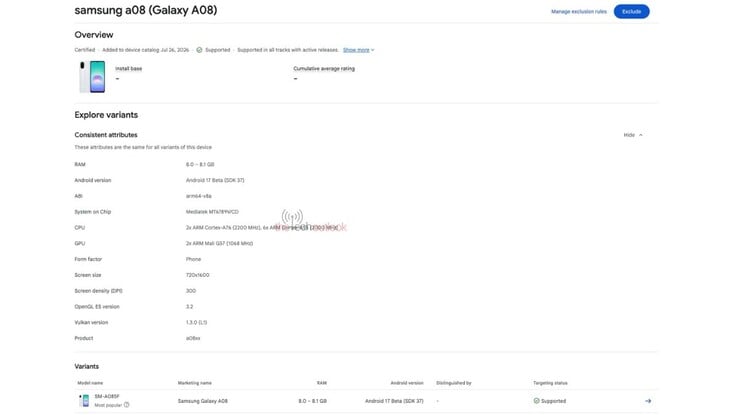 三星 Galaxy A08 在 Google Play Console 上的列表。