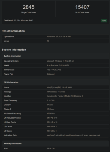 英特尔酷睿至尊 9 368H Geekbench 列表(图片来源:Geekbench)
