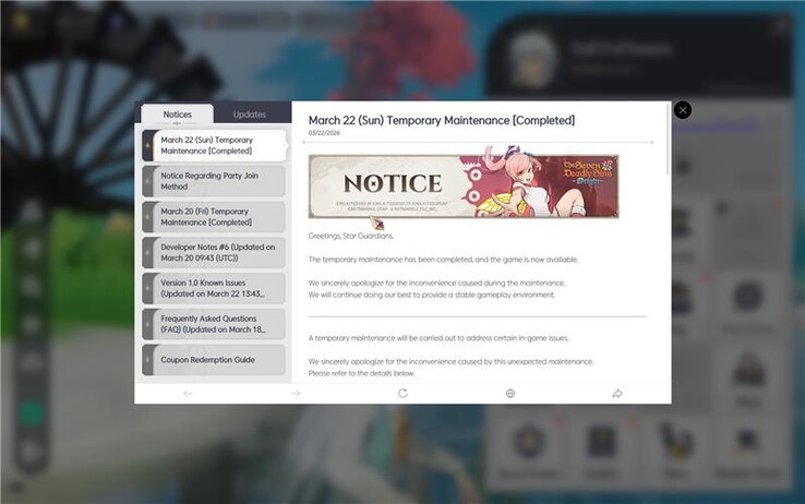 3 月 22 日的游戏内公告确认了《七宗罪》中的声音修复和其他错误修复：起源