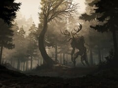 游戏 GreedFall 中的图片,显示了一片森林和一只生物。(图片来源:Steam)
