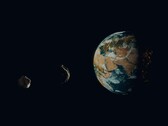 艺术家绘制的两颗小行星靠近地球的插图。