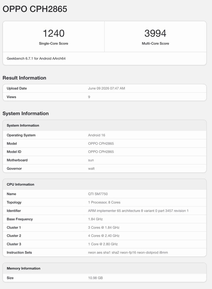 预期雷诺 16 全球版本的 Geekbench 列表。