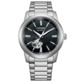 Citizen NH9150-52E 自动腕表,配有黑色表盘、镂空机芯、不锈钢表壳以及拉丝三链节表链。