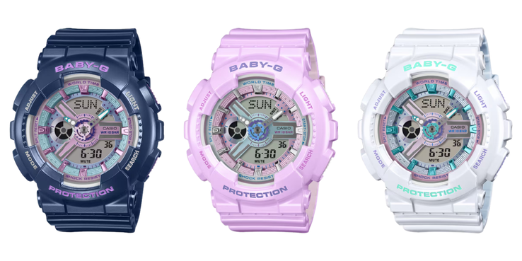 从左至右：卡西欧 G-Shock Baby-G BA-110MC-2A、BA-110MC-6A 和 BA-110MC-7A 手表