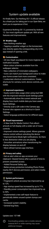 Nothing OS 1.5版更新日志（图片来自Reddit）。