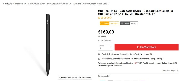 微星Pen 1P 14的额外成本高达169欧元（微星网站的截图）