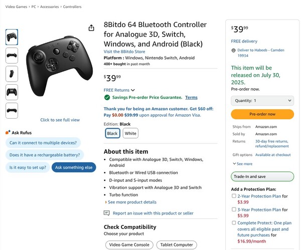 8BitDo 64 控制器的发布日期定于 7 月。(图片来源：亚马逊）