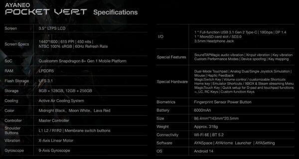 Ayaneo Pocket Vert 将搭载骁龙 8+ 第一代处理器。