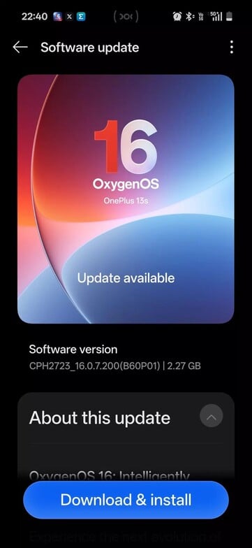 OxygenOS 16.0.7.200 OTA 在 OnePlus 13S 上运行