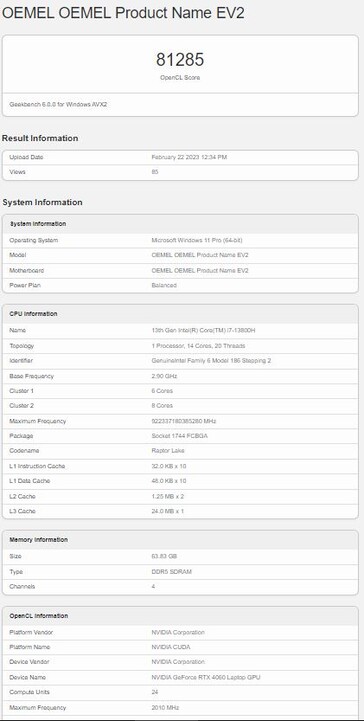 配备RTX 4060笔记本GPU。(来源：Geekbench)