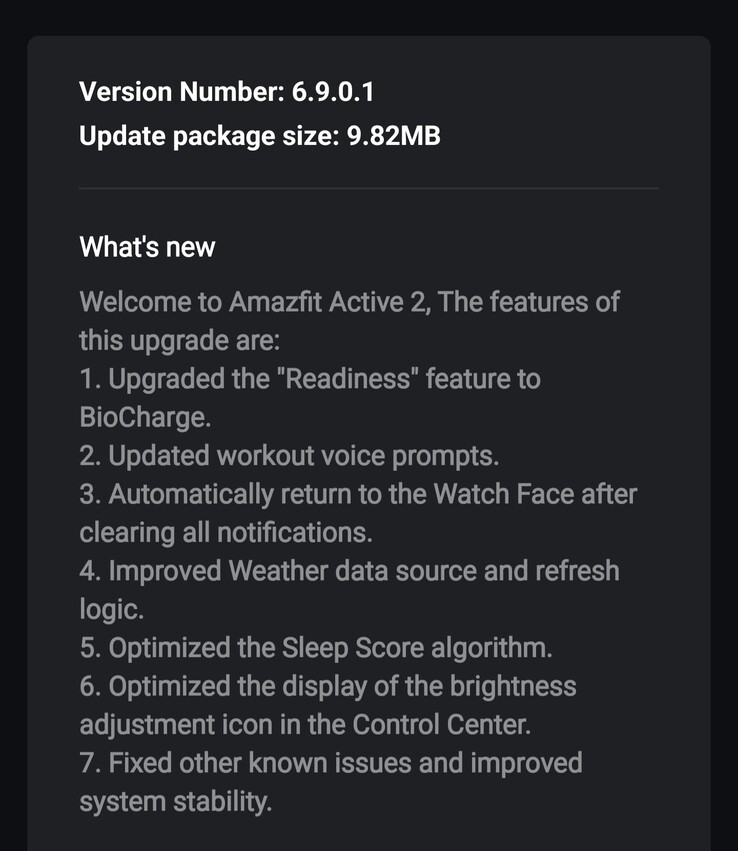 Amazfit Active 2 智能手表软件版本 6.9.0.1 的发布说明。(图片来源:4PDA 论坛)