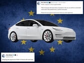 Tesla，背景中有欧盟旗帜和来自X的评论