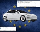 Tesla，背景中有欧盟旗帜和来自X的评论