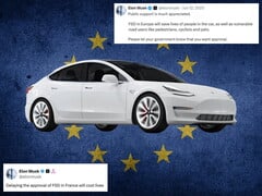 Tesla,背景中有欧盟旗帜和来自X的评论
