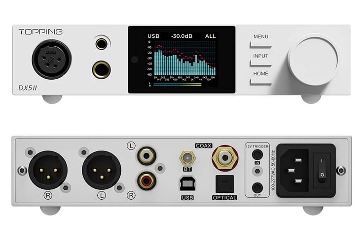 Topping DX5 II DAC 有 3.5 毫米、4.4 毫米、6.4 毫米和 XLR 耳机接口、RCA 扬声器接口以及 SPDIF 和 USB 输入端口。(图片来源：Topping）