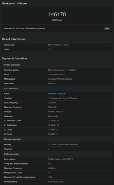 NvidiaGeForce RTX 4060 Ti Geekbench（图片来自Geekbench）