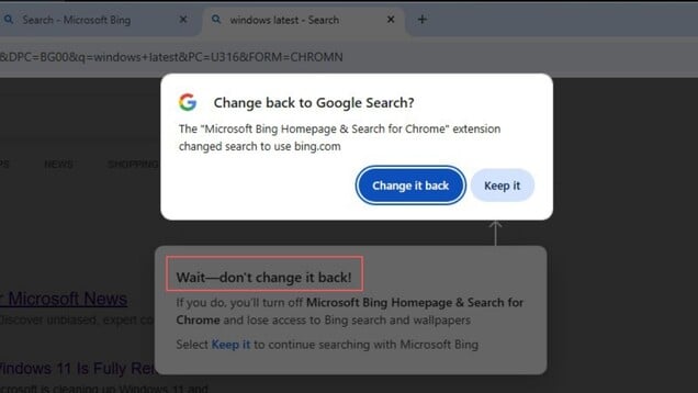 Chrome 建议用户切换回 Google 搜索，而微软的扩展程序则敦促用户继续使用 Bing。