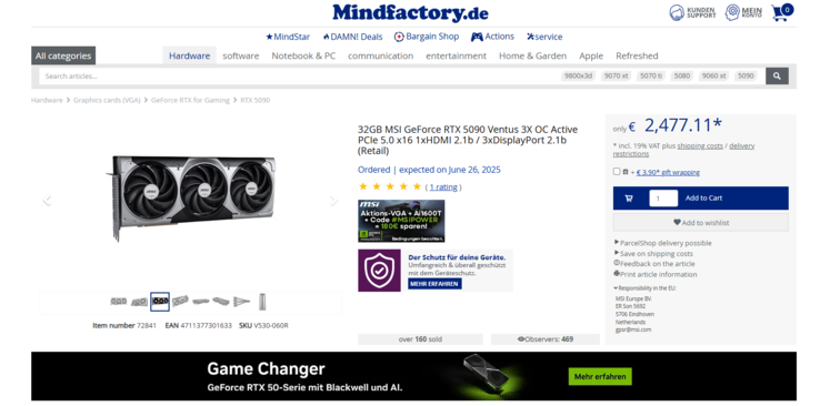 微星 RTX 5090 Ventus 3X OC 的当前价格（图片来源：Mindfactory）