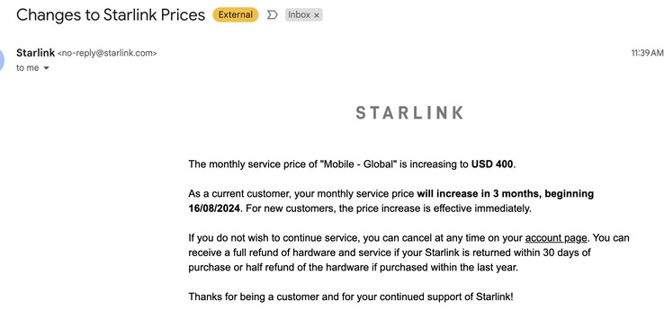 移动全球层级的 Starlink 互联网价格将翻一番