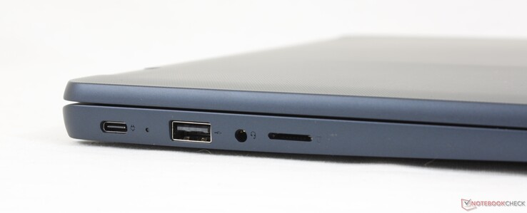 左边：USB-C 2.0 (Power Delivery + DisplayPort 1.1), USB-A 2.0, 3.5 mm耳机, MicroSD读卡器