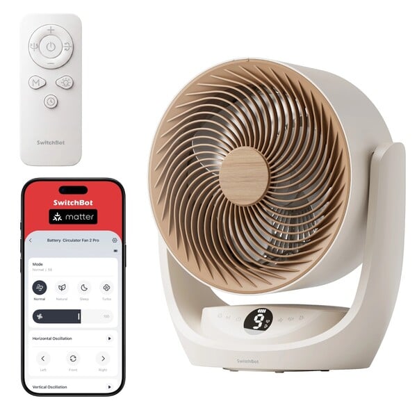 SwitchBot Battery Circulator Fan 2 Pro 配备遥控器、设备端控制功能,并支持 Matter 协议。