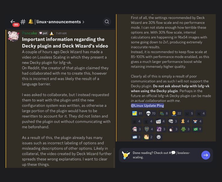 PancakeTAS 在 Discord 上发布公告，澄清他们并未参与为 LSFG-VK 创建 Decky 插件，批评了插件中使用的默认设置，并声明他们不会为其提供支持。(图片来源：Discord/@PancakeTAS）