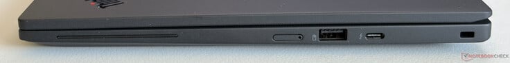 右侧:Nano-SIM卡槽、USB-A 3.2 Gen.2(5 Gbps,支持供电)、USB-C 4.0(支持雷电4,40 Gbps,DisplayPort 2.1,支持电源传输)、Kensington Nano安全锁槽