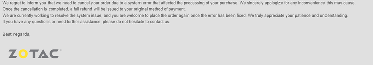 ZOTAC 发送给客户的电子邮件。(图片来源：Reddit） 