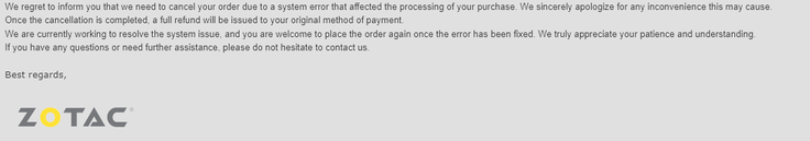 ZOTAC 发送给客户的电子邮件。(图片来源：Reddit） 
