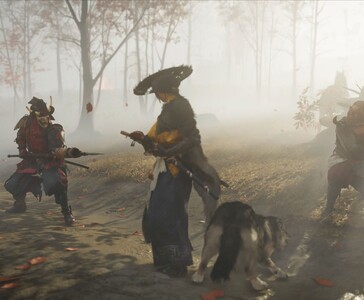 在一片迷雾森林中，女武士 Atsu 与她的狼伙伴在敌人武士的包围下严阵以待。(图片来源：Sucker Punch Productions）