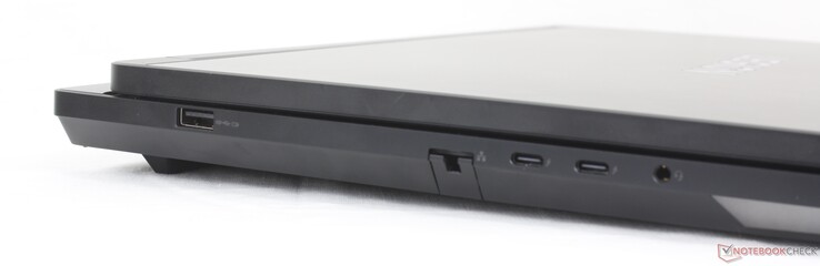 左：USB-A（10 Gbps）、RJ-45、2x USB-C Thunderbolt 4 w/ DisplayPort 2.1 + Power Delivery 3.0 140 W）、3.5 毫米耳机