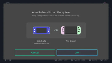 链接任天堂 Switch 游戏机以共享虚拟游戏卡的步骤 2：该屏幕标题为 "即将与其他系统链接..."，指示用户在按下 "链接 "按钮之前将任天堂 Switch 游戏机靠近对方。