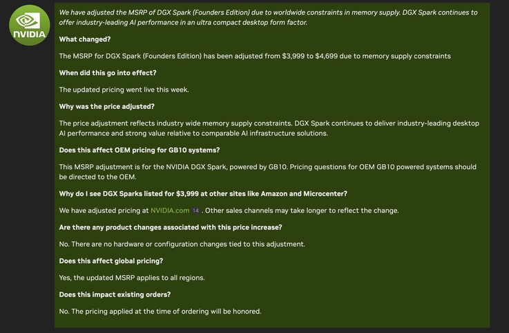 Nvidia 更新其 DGX Spark 迷你工作站 PC 的定价。