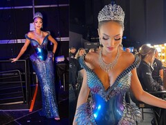 这件精致的礼服由 3D 打印部件和施华洛世奇水晶制成（图片来源：Gert-Johan Coetzee via Facebook )