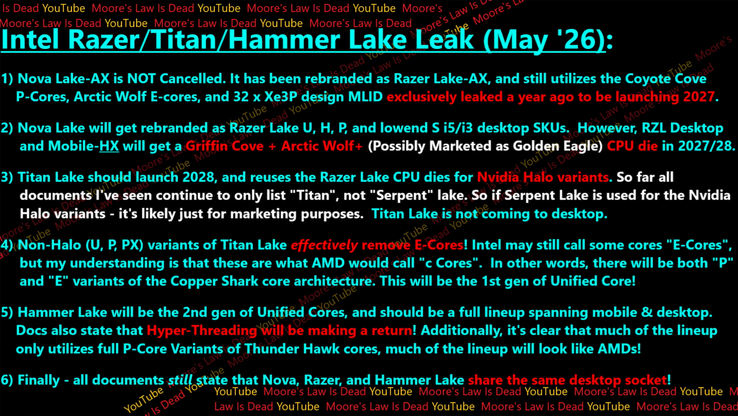 英特尔 Razer Lake Razer Lake AX Titan Lake 和 Hammer Lake CPU 架构详情。