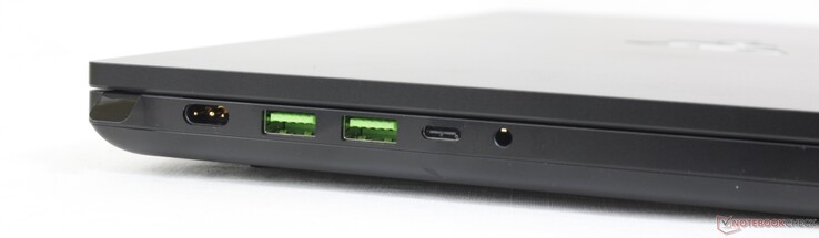 左边：AC适配器，2个USB-A 3.2 Gen. 2，USB-C 3.2 Gen. 2 w/ DisplayPort + Power Delivery，3.5毫米耳机