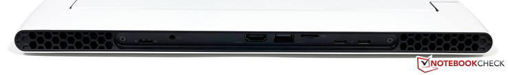 后部。USB-C 3.2 Gen.2 (15W Power Delivery, DisplayPort 1.4), 3.5 mm立体声插孔, HDMI 2.1 (HDCP 2.3), USB-A 3.2 Gen.1, microSD (5.2 UHS-II), 2x USB-C w/ Thunderbolt 4 (15W Power Delivery, DisplayPort 1.4)