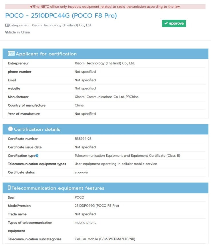 Poco F8 Pro 在泰国获得 NBTC 认证。(图片来源：NBTC）