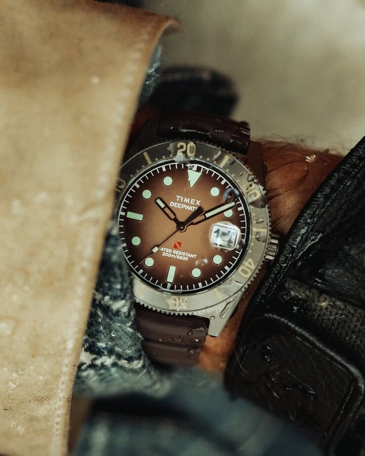 Huckberry x Timex Deepwater Reef 200 潜水表，配有棕色表盘、不锈钢表壳、黑色表圈以及配套的棕色表带。