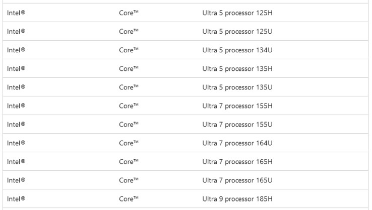 微软支持文件截图，其中包含 Core Ultra CPU（图片：@momomo_us）