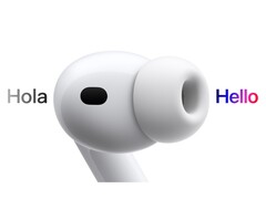 AirPods Pro 3 将西班牙语翻译成英语的艺术表现。(图片来源：Apple)