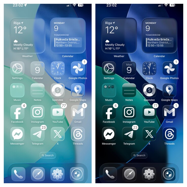 iOS 26 "清亮 "与 "清暗 "模式。(图片来源：Ben Geskin on X）